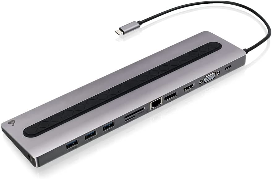 IOGEAR USB-C 8 Port Low Profile Docking Station - 4K@30Hz - 1 HDMI - 1 DisplayPort - 1 VGA - 1 Ethernet - 3 USB 3.0 A Ports - 1 USB-C 100W Charging Only - Card Reader Slot - 1 3.5mm - GUD3C02B Pro 100 Ultra-Slim Station Docking Station