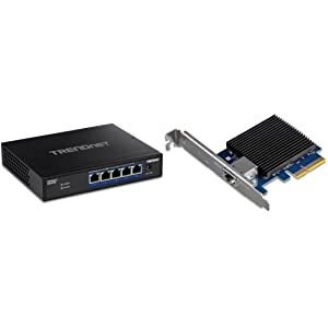 TRENDnet 5-Port 10G Switch, 5 x 10G RJ-45 Ports, Black, TEG-S750 & 10 Gigabit PCIe Network Adapter, Converts A PCIe Slot Into A 10G Ethernet Port, Supports 802.1Q Vlan, Silver, TEG-10GECTX 5-Port Switch + Network Adapter