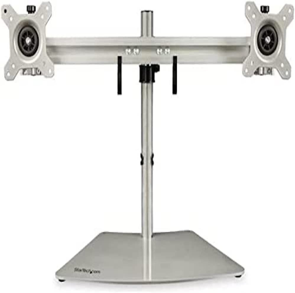 StarTech.com Dual Monitor Stand - Ergonomic Free Standing Dual Monitor Desktop Stand for Two 24" VESA Mount Displays - Synchronized Height Adjustable - Double Monitor Pole Mount - Silver (ARMDUOSS) Up to 24" Dual Monitor Silver