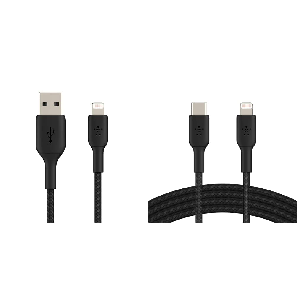 Belkin Braided Lightning Cable 6.5ft/2m, Black (CAA002bt2MBK) & Braided USB C to Lightning Cable MFi Certified iPhone Fast Charger Type C 6.6FT/2M (Black) Black 6.6 FT Braided Cable + USB C Lightning Cable