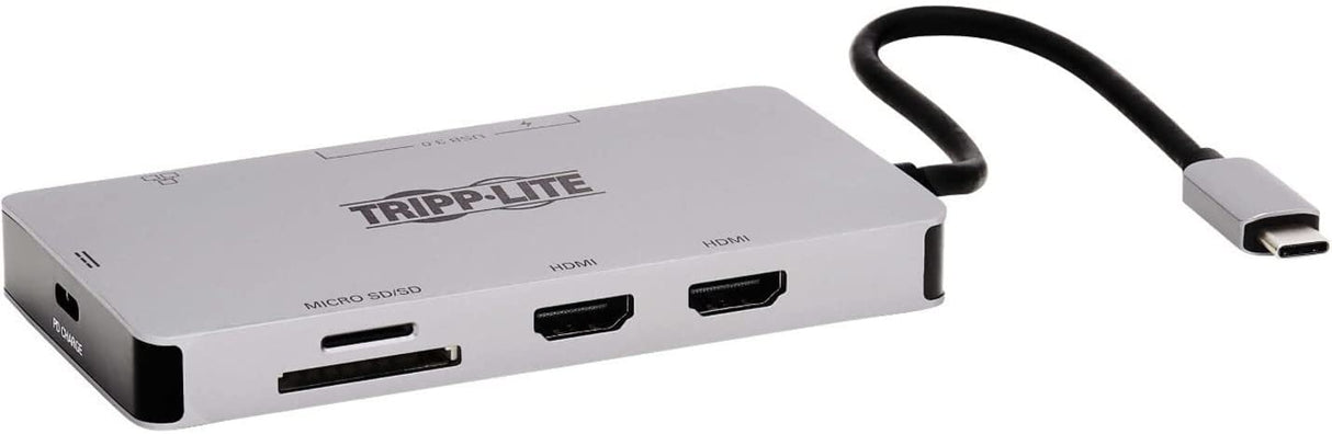 Tripp Lite USB-C Two-Monitor HDMI Laptop/Phone Docking Station, 4K @ 60 Hz (4:4:4), USB-A Hub, Gigabit Network Port, SD & MicroSD Memory Card, 100W USB-C Charging, 3-Year Warranty (U442-DOCK8G-GG) Two-Monitor HDMI Ethernet USB Hub