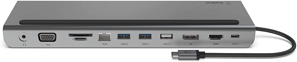 Belkin USB C Hub, 11-in-1 MultiPort Adapter Dock with 4K HDMI, DP, VGA, USB-C 100W PD Pass-Through Charging, 3 USB A, Gigabit Ethernet, SD, MicroSD, 3.5mm Ports for MacBook Pro, Air, XPS and More 11-in-1 Docking Station