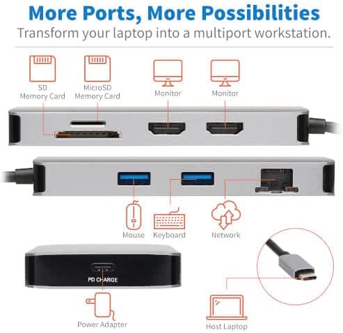 Tripp Lite USB-C Two-Monitor HDMI Laptop/Phone Docking Station, 4K @ 60 Hz (4:4:4), USB-A Hub, Gigabit Network Port, SD & MicroSD Memory Card, 100W USB-C Charging, 3-Year Warranty (U442-DOCK8G-GG) Two-Monitor HDMI Ethernet USB Hub
