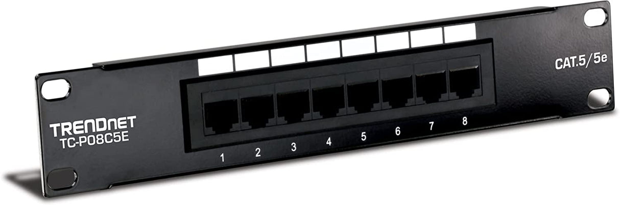 TRENDnet 8 Port Cat5/5e Unshielded Patch Panel,TC-P08C5E, Wallmount or Rackmount, 10 Inch Wide, 8 x Gigabit RJ-45 Ethernet Ports, 100 Mhz Connection, Color Coded Labeling,110 IDC Terminal Blocks,black
