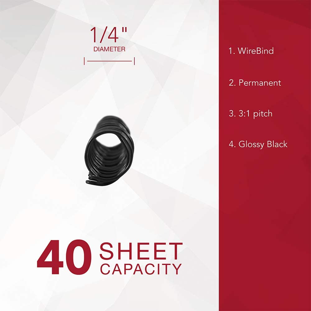GBC Binding Spines/Spirals/Coils, 1/4" Diameter, 40 Sheet Capacity, 3:1 Pitch, WireBind, Black, 100 Pack (9775008) 3:1 Pitch 1/4" Diameter/40 Sheet Capacity