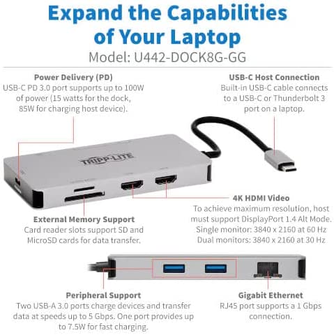 Tripp Lite USB-C Two-Monitor HDMI Laptop/Phone Docking Station, 4K @ 60 Hz (4:4:4), USB-A Hub, Gigabit Network Port, SD & MicroSD Memory Card, 100W USB-C Charging, 3-Year Warranty (U442-DOCK8G-GG) Two-Monitor HDMI Ethernet USB Hub