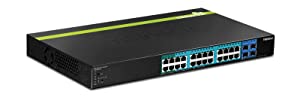 TRENDnet 28-Port Gigabit Web Smart PoE+ Switch, 24 x Gigabit Ports, 4 x Shared Gigabit Ports (RJ-45 or SFP), 185W PoE Budget, 56Gbps Switching Capacity, Lifetime Protection, Black, TPE-2840WS