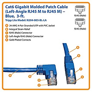 Tripp Lite Cat6 Gigabit Molded Patch Cable (RJ45 Left Angle M to RJ45 M) Blue, 3-ft.(N204-003-BL-LA) 3 feet Left Angle Side