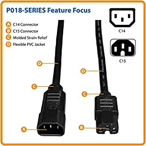 Tripp Lite 10ft Heavy Duty Computer Power Extension Cord 15A, 14 AWG, C14 to C15, Black 10'(P018-010) Black 10 ft. Power Cord