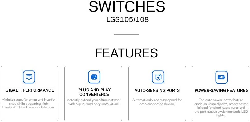 Linksys LGS105: 5-Port Business Desktop Gigabit Ethernet Unmanaged Switch, Computer Network, Wired Connection Speed up to 1,000 Mbps (Black, Blue) LGS105 - 5-Port - Unmanaged