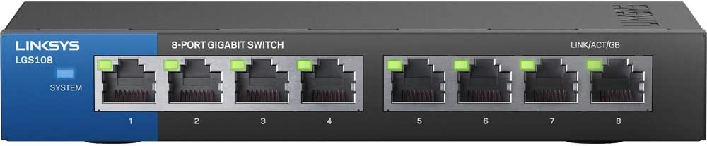 Linksys LGS108: 8-Port Business Desktop Gigabit Ethernet Unmanaged Switch, Computer Network, Wired Connection Speed up to 1,000 Mbps (Black, Blue) LGS108 - 8-Port - Unmanaged