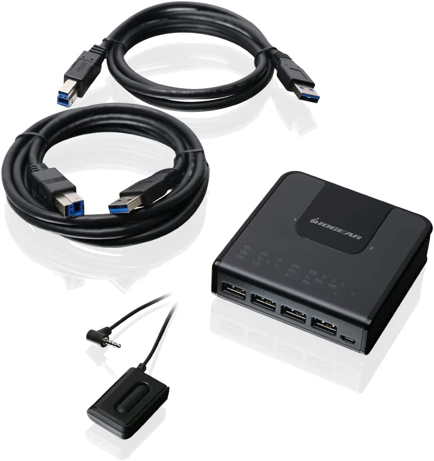 IOGEAR 4x2 USB 3.0 Peripheral Sharing Switch - Share 4 USB Devices Between 2 Computers - LED Indicators - Cables n Remote Included - PC - MAC - Printer - Scanner - Mouse/Keyboard and More - GUS432 2X4 USB 3.0