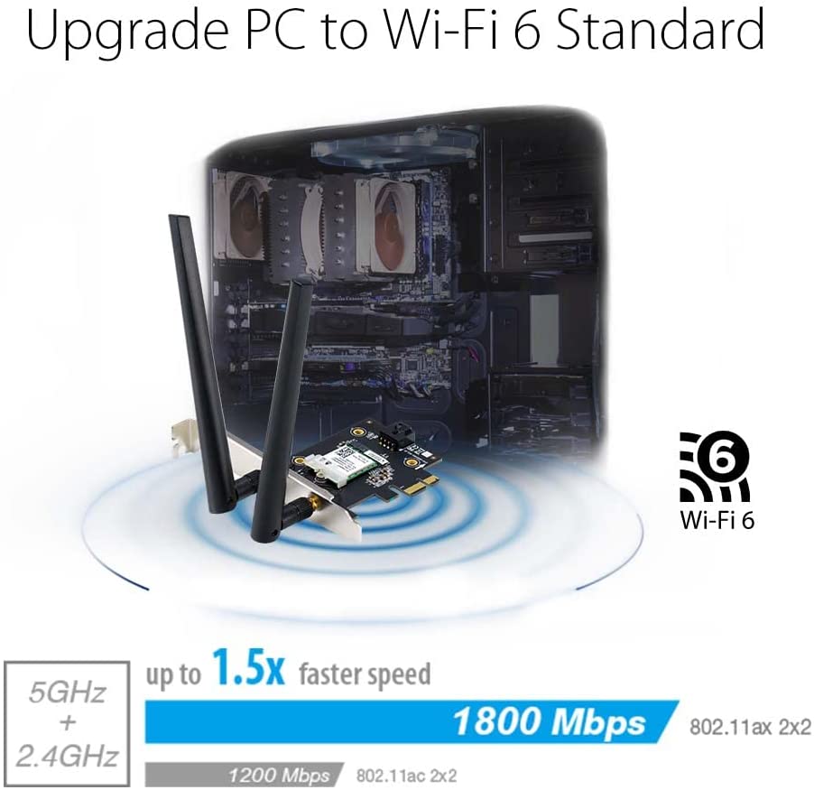 ASUS AX1800 PCIe WiFi Adapter (PCE-AX1800) - WiFi 6, Bluetooth 5.2, Ultra-Low Latency Wireless, 2 External Antenna, Supporting Total Data Rate up to 1800Mbps, WPA3 Network Security, OFDMA and MU-MIMO