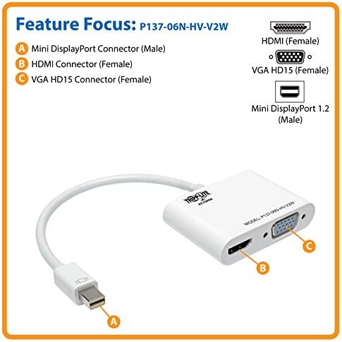 Tripp Lite Mini DisplayPort 1.2 to VGA/HDMI Adapter Converter, Active, 1920 X 1200, 1080P, Black, Mdp Adapter (P137-06N-HV-V2W), 0.1 VGA/HDMI (MDP 1.2)
