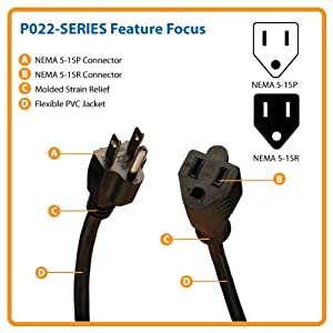 Tripp Lite Standard Power Extension Cord 10A, 18AWG (NEMA 5-15P to NEMA 5-15R) 15-ft.(P022-015) 15 ft.
