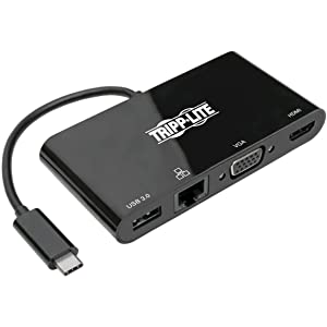 Tripp Lite USB-C Hub with 4K HDMI, 1080P VGA, Gigabit Ethernet, USB-A 3.0, Thunderbolt 3, DisplayPort Alt Mode, 5 Gbps, Black (U444-06N-HV4GUB) Black USB/GbE/VGA/HDMI