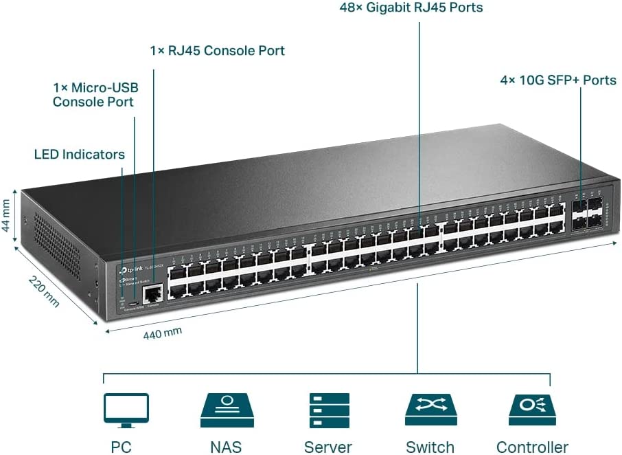 TP-Link TL-SG3452X | 48 Port Gigabit Switch, 4 x 10GE SFP+ Slots | L2+ Smart Managed | Omada SDN Integrated | IPv6 | Static Routing | Support QoS, IGMP & LAG | Limited Lifetime Protection 48 Port + 4 10GE SFP+
