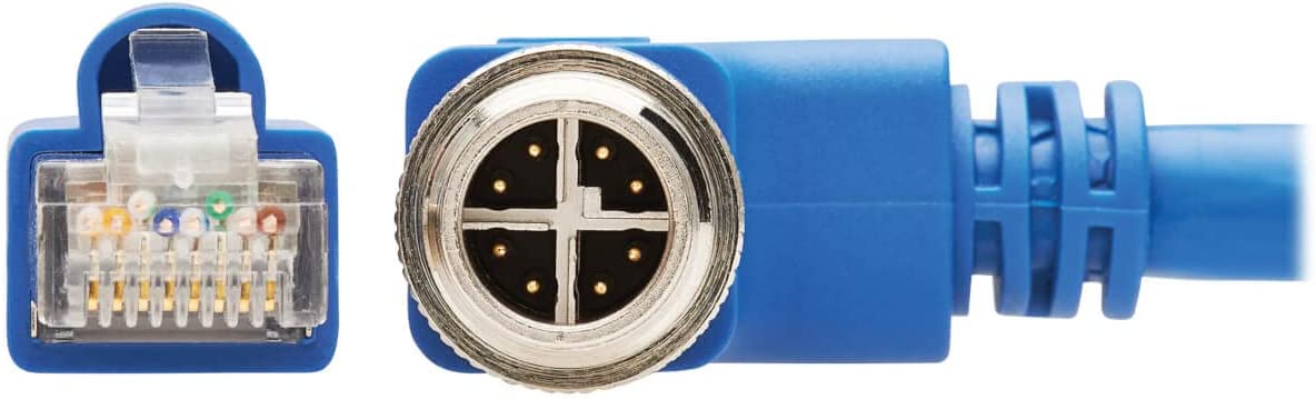 Tripp Lite M12 X-Code Cat6a Shielded Ethernet Cable, Right-Angle M12/RJ45 Cable, 10G F/UTP CMR-LP (M/M), IP68, 60W Power Over Ethernet, Blue, 16.4 Feet / 5 Meters, (NM12-6A4-05M-BL) Right-Angle M12 to RJ45 16.4 ft / 5M