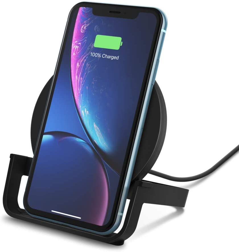 Belkin BoostCharge 10W Fast Wireless Charging Stand, Includes QuickCharge 3.0 Wall Charger and Cable, Case Compatible for iPhones, Galaxy, Pixel and Other Qi Enabled Devices (includes AC adapter)