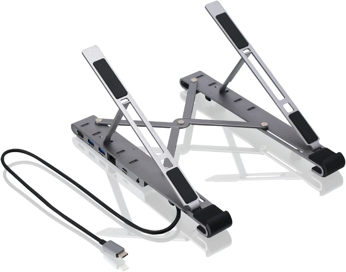 IOGEAR Dock Pro 6-in-1 4K Dock Stand, Adjustable/Foldable Laptop Stand with Docking Station, HDMI 4K@30hz (3440x1440 @60Hz), 2x USB-A, USB-C Data, 100W PD, Fast Role Swap, Win 10/11 macOS - GUD3C4K1LS