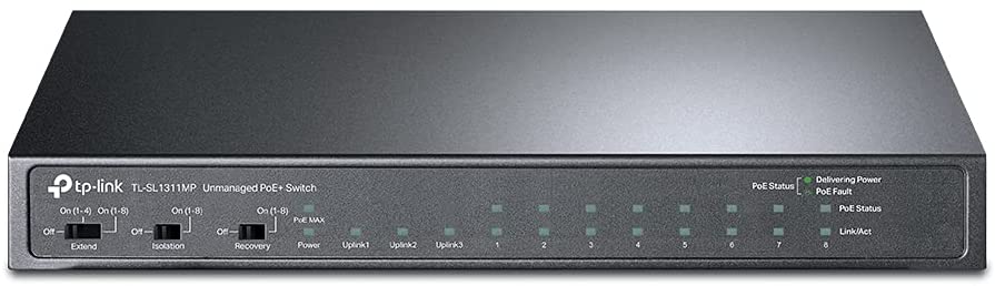 TP-Link TL-SL1311MP | 8 Port 10/100Mbps Fast Ethernet PoE Switch | 8 PoE+ Ports @124W, w/ 2 Uplink Gigabit Ports + 1 SFP Port | Limited Lifetime Protection | PoE Recovery | Extend & Isolation Mode 11 Port w/ 8-Port PoE+