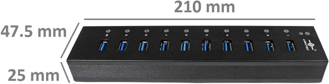 Vantec 10-Port USB 3.0 Hub, Aluminum, Full Powered, Mountable, with All Ports Data & Charging Up to 1.5A, BC 1.2, Premium 12V/5A, 60W Power Adapter (UGT-AH110U3-BK),Black