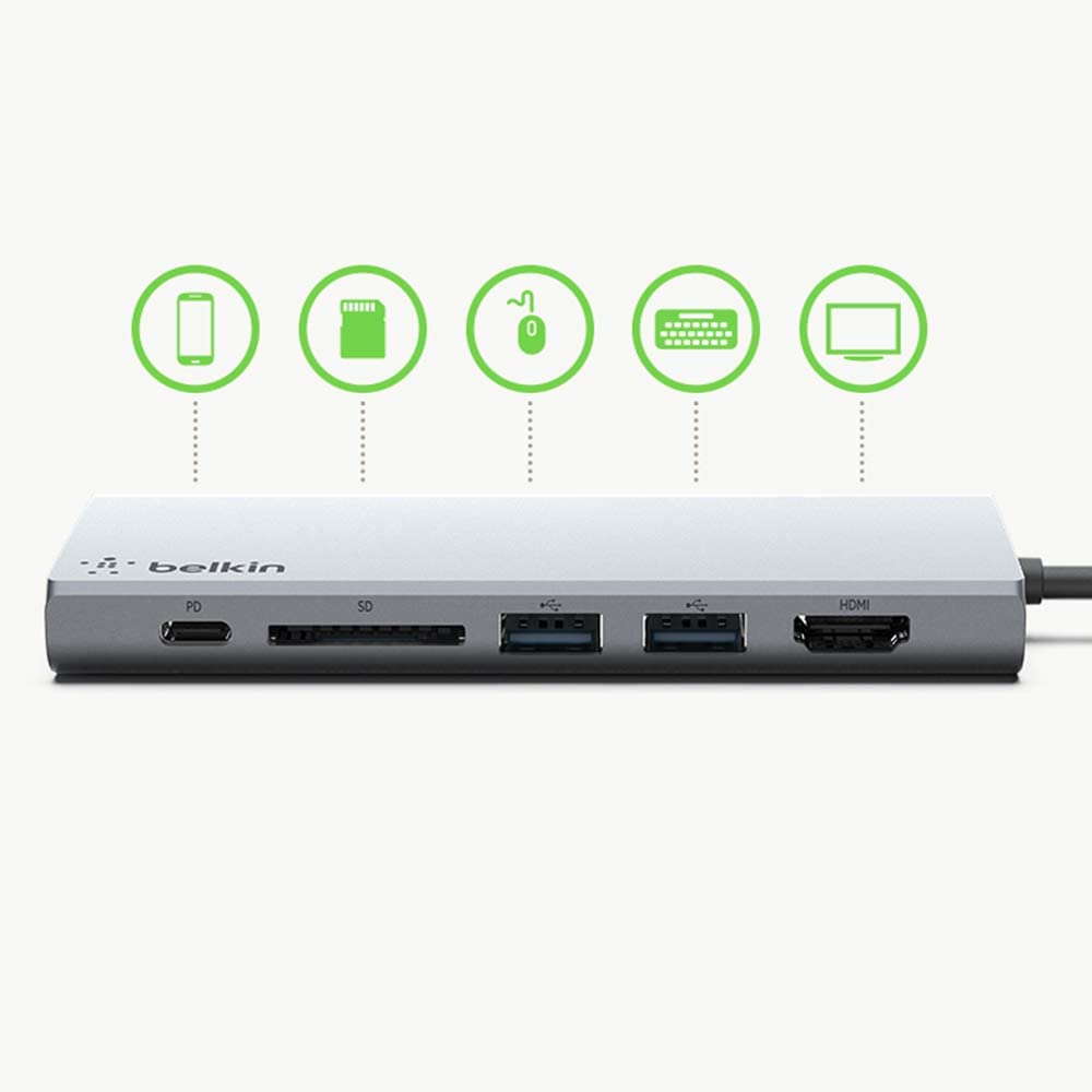 Belkin USB C Hub Multiport Adapter, USB C, 2 USB A, 4K HDMI, 1 Gigabite Ethernet, 1 SD Card, Pass through charging up to 60W with Tethered USB-C Cable, Dock for MacBook Pro, Macbook Air, PC, Windows USB-C Hub Adapter