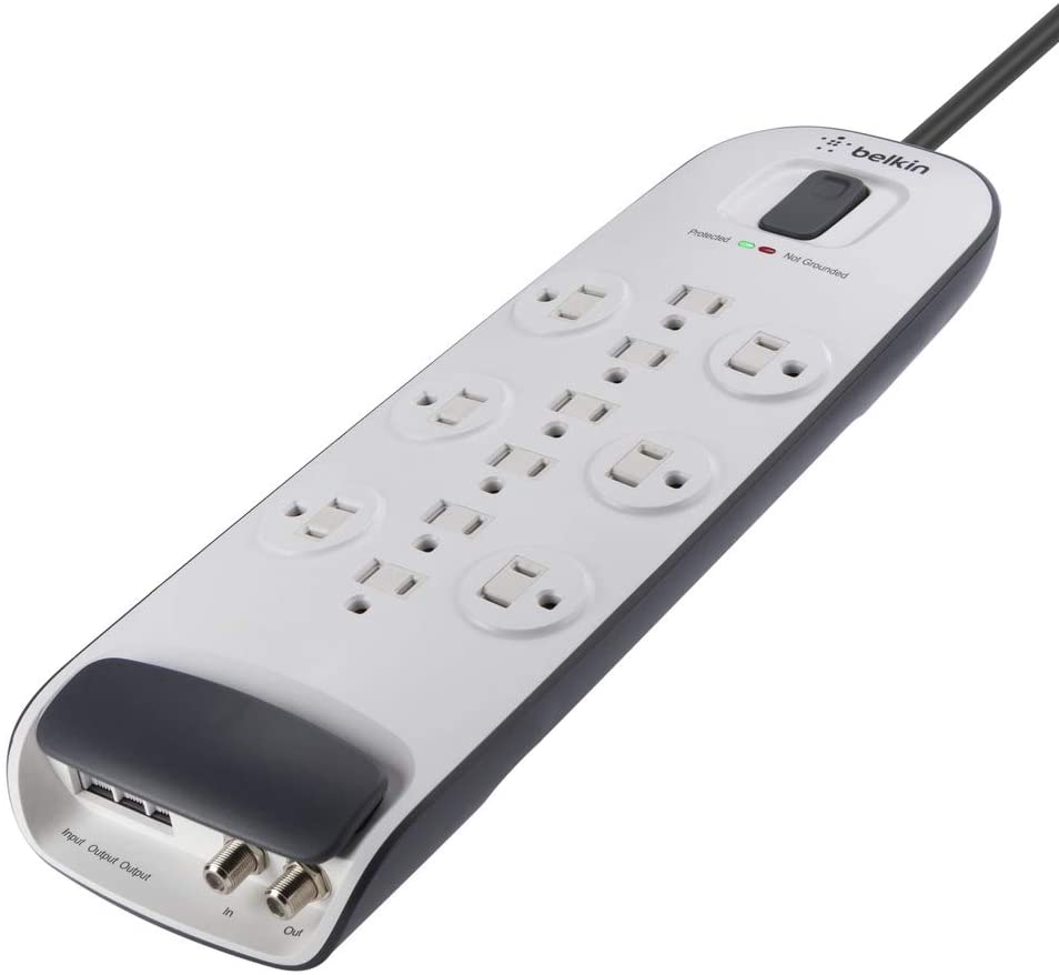 Belkin 12-Outlet Advanced Power Strip Surge Protector, 8ft Cord, Telephone And Coaxial Protection, 3996 Joules White 12-Outlet No ethernet Power Strip