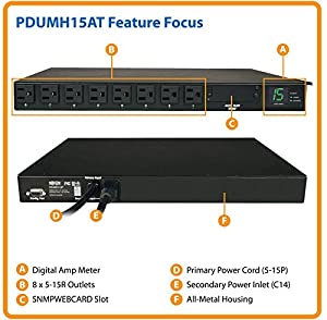 Tripp Lite Metered PDU with ATS, 15A, 8 Outlets (5-15R), 120V, 2 5-15P, 100-127V Input, 2 12 ft. Cords, 1U Rack-Mount Power, TAA, 2 Year Limited Warranty (PDUMH15AT) Metered + ATS PDU