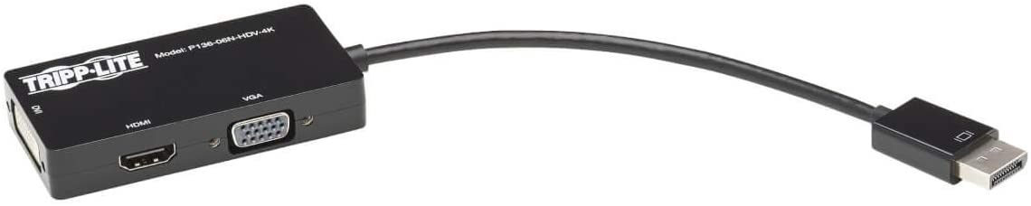 Tripp Lite DisplayPort to VGA/DVI/HDMI All-in-One Cable Adapter, DP 1.2, DP to VGA/DVI/HDMI, UHD 4K x 2K @ 24/30Hz HDMI (P136-06N-HDV-4K) , Black DP 1.2 to VGA/DVI/HDMI Adapter