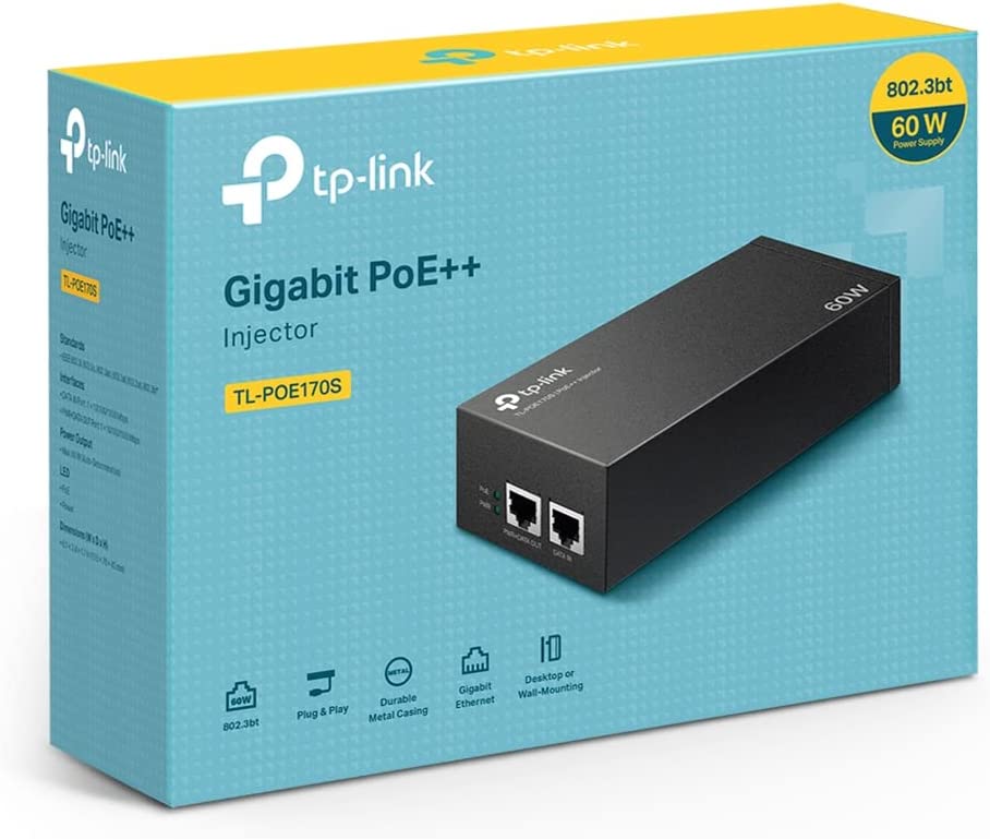 TP-Link TL-PoE170S | 802.3at/af/bt Gigabit PoE Injector | Non-PoE to PoE Adapter | Supplies up to 60W (PoE++) | Plug & Play | Desktop/Wall-Mount | Distance Up to 328 ft. | UL Certified, Black PoE ++ Injector (60W)