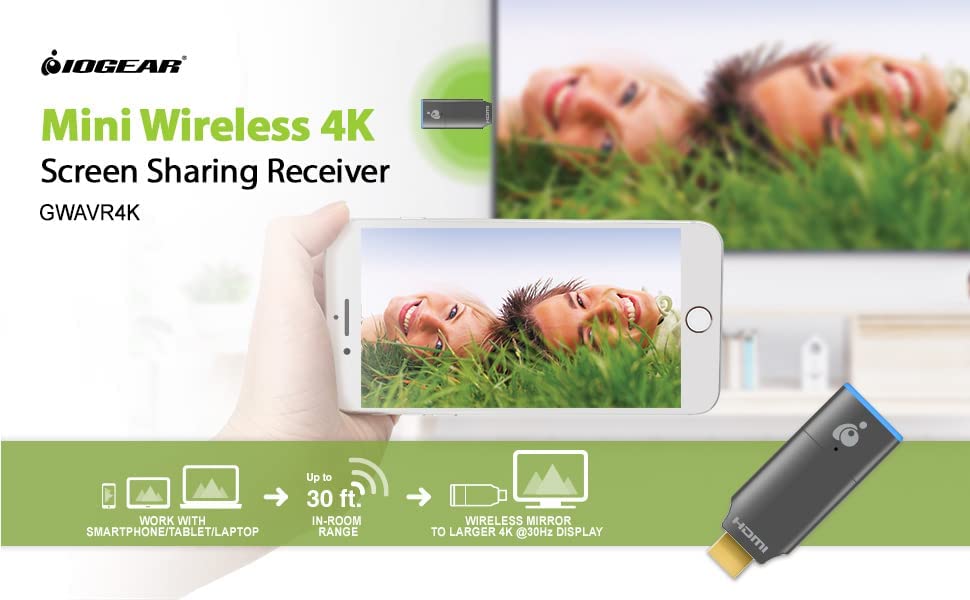 IOGEAR HDMI Wireless Video 4K Screen Sharing Adapter - 4K@30Hz - Wireless 2.4/5GHz w/ WPA-2 Security - Up to 30Ft - Low Latency - Phone/Tablet/PC - Win Mac OS iOS Android Chrome - GWAVR4K