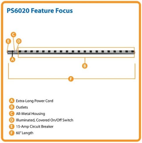 Tripp Lite 20 Outlet Bench & Cabinet Power Strip, 60 in. Length, 15ft Cord with 5-15P Plug, PS6020 20 Outlet Power Strip