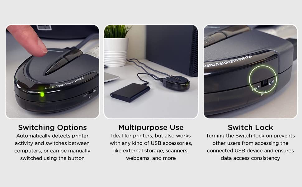 IOGEAR 2 Port USB 2.0 Switch - Auto Printer Switch - Manually or Auto Control - LEDs Indicate - Plug n Play - GUB231 2-Port USB-A