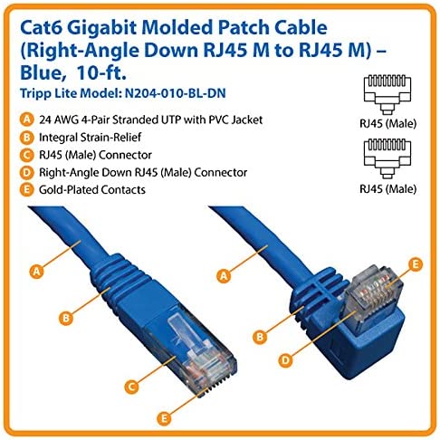 Tripp Lite Cat6 Gigabit Molded Patch Cable (RJ45 Right Angle Down M to RJ45 M) Blue, 10-ft.(N204-010-BL-DN) 10 feet Right Angle Down