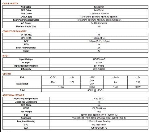 EVGA 100-N1-0400-L1 , 400 N1, 400W, 2 Year Warranty, Power Supply 100-N1-0400-L1 400W Power Supply