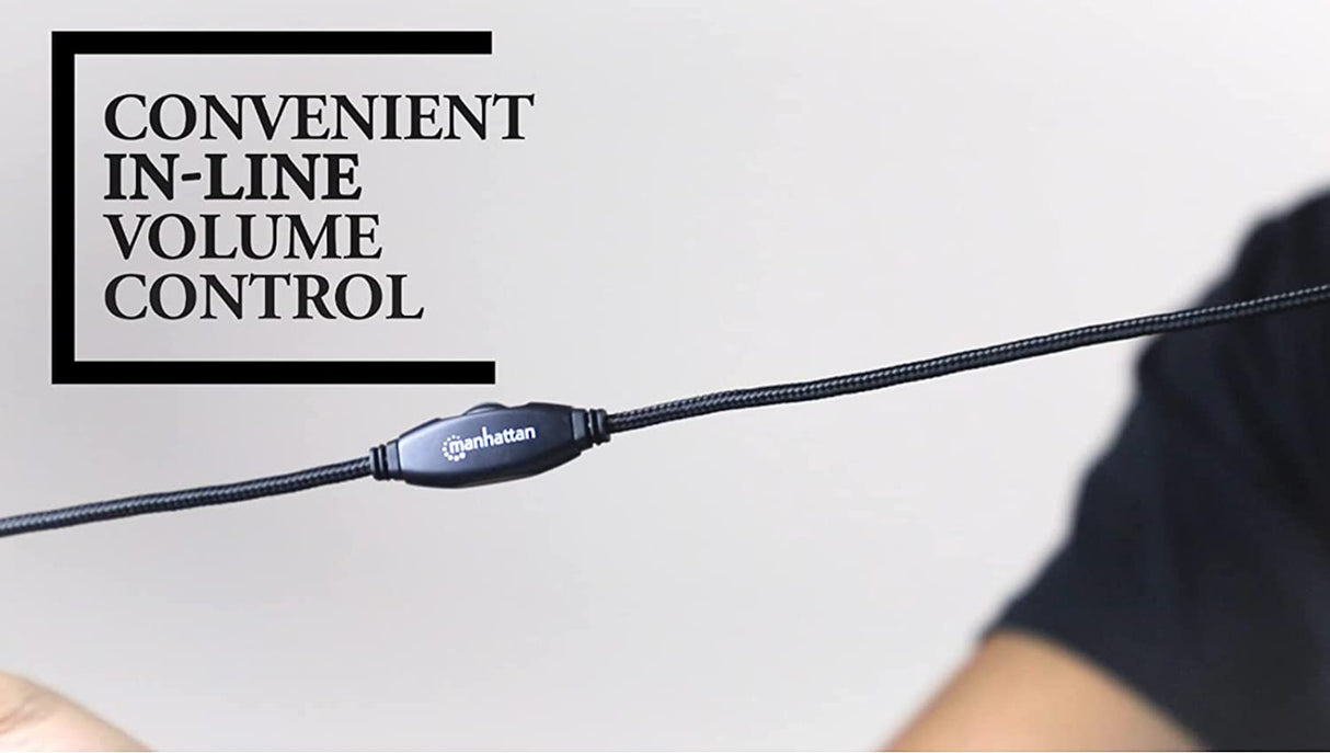 MANHATTAN Headset with Microphone – with 8 ft Long Cable, Volume Control, 3.5mm Audio and Mic Plug Jacks, Flexible Mic – for Computer, Laptop, Desktop, Call Center – 175555