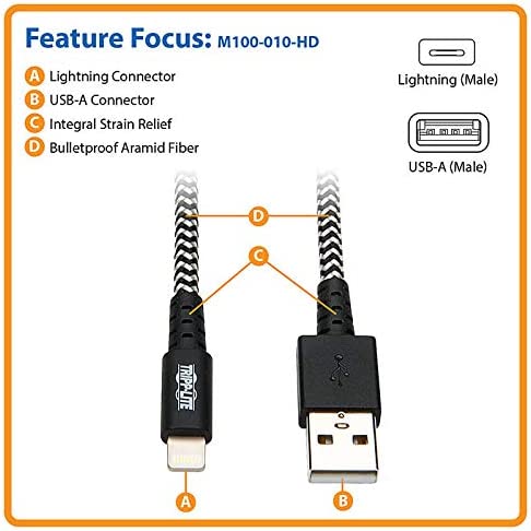 Tripp Lite Braided Lightning Cable – Lightning to USB Cable (M/Apple Certified Lightning Cable, Charge/Sync, 10 ft, Aramid Fiber, Grey, 2-Year Warranty (M100-010-HD)