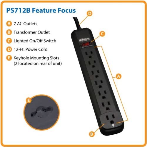 Tripp Lite 7 Outlet Home & Office Power Strip, 12ft Cord with 5-15P Plug (PS712B) Black 7 Outlet + 12ft Cord