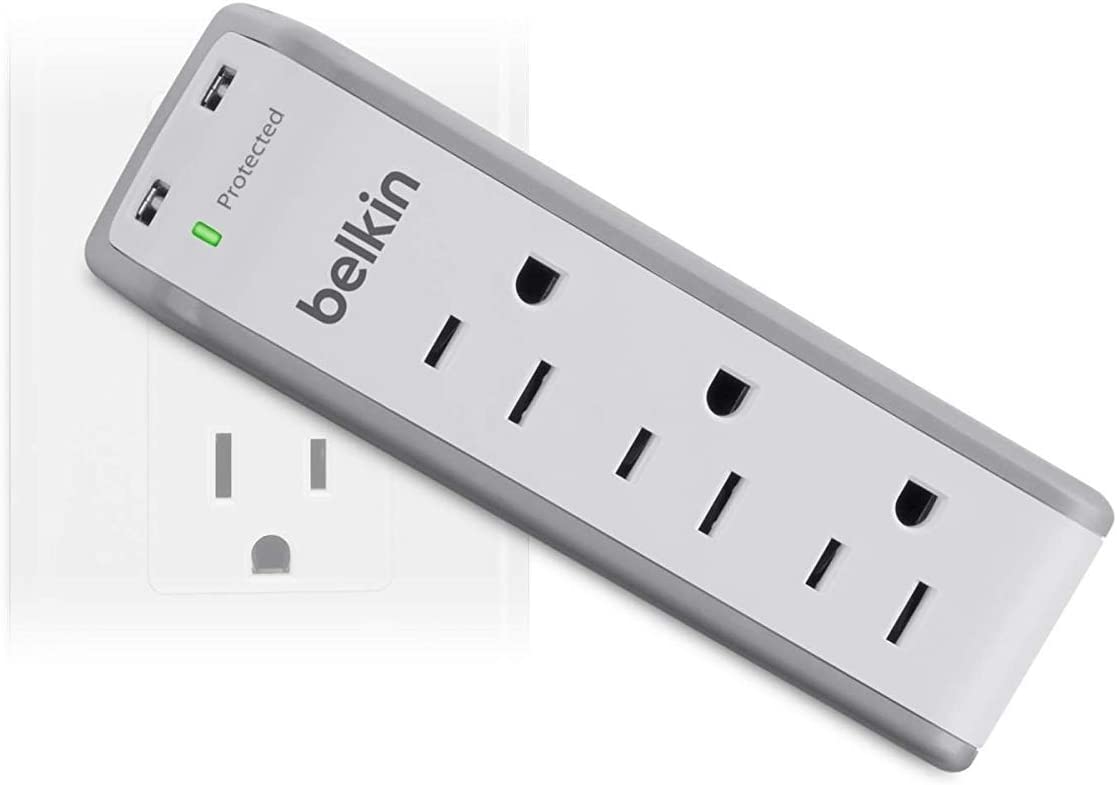Belkin Wall Mount Surge Protector - 3 AC Multi Outlets & 2 USB Charger Ports - Heavy Duty Flat Rotating Plug for Home, Office, Travel, Computer Desktop & Phone Charging Brick (918 Joules) 1 Amp Surge Protector