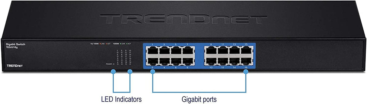 TRENDnet - TEG-S16G 16-Port Unmanaged Gigabit GREENnet Switch, TEG-S16G, 16 x RJ-45 Ports, 32 Gbps Switching Capacity, Fanless, Rack Mountable, Network Ethernet Switch, Lifetime Protection Black 16-Port Metal Rack Mount