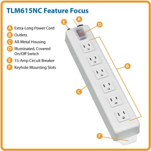 Tripp Lite 6 Outlet Home & Office Power Strip, 15ft Cord with 5-15P Plug (TLM615NC),Gray