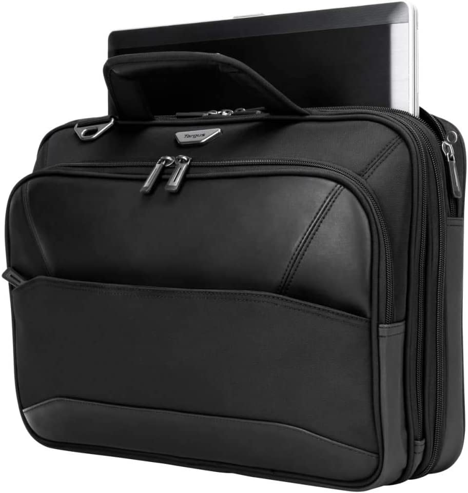 Targus Mobile-VIP Topload Shoulder Bag with Checkpoint-Friendly TSA Screening, Weather Resistant, Dual Main Compartments, Trolley Strap, SafePort Drop Protection for 15.6-Inch Laptop, Black (TBT264)