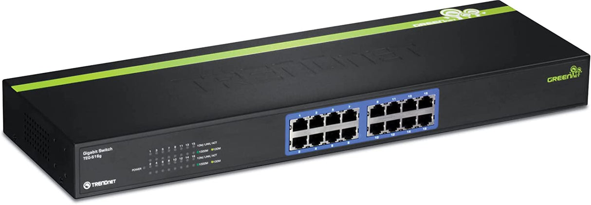 TRENDnet - TEG-S16G 16-Port Unmanaged Gigabit GREENnet Switch, TEG-S16G, 16 x RJ-45 Ports, 32 Gbps Switching Capacity, Fanless, Rack Mountable, Network Ethernet Switch, Lifetime Protection Black 16-Port Metal Rack Mount