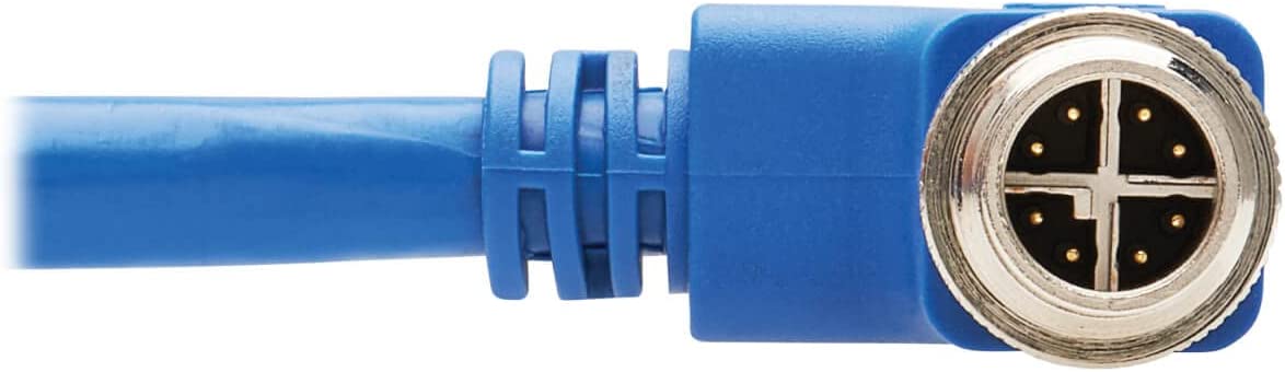 Tripp Lite M12 X-Code Cat6a Shielded Ethernet Cable, Right-Angle M12/RJ45 Cable, 10G F/UTP CMR-LP (M/M), IP68, 60W Power Over Ethernet, Blue, 16.4 Feet / 5 Meters, (NM12-6A4-05M-BL) Right-Angle M12 to RJ45 16.4 ft / 5M