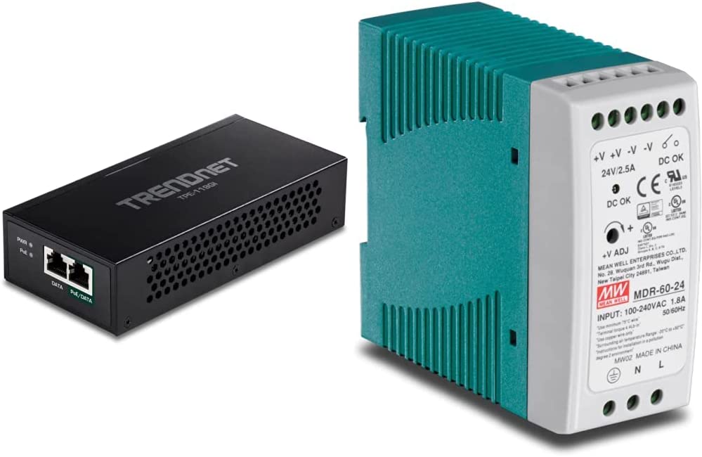 TRENDnet Gigabit PoE++ Injector, Black, TPE-119GI & 60 W Single Output Industrial DIN-Rail Power Supply, Universal AC Input, Extreme -20 to 70 °C (-4 to 158 °F) Operating Temp, TI-M6024 Gigabit Injector + Power Supply