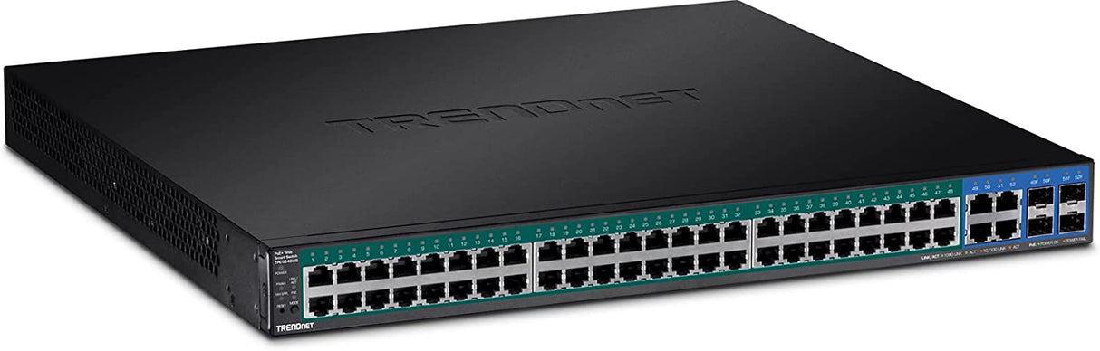 TRENDnet 52-Port Gigabit Web Smart PoE+ Switch, 48 Gigabit PoE+ Ports, 4 Shared Gigabit Ports (RJ-45 Or SFP), 370W PoE Power Budget, 104Gbps Switching Capacity, Lifetime Protection, Black, TPE-5240WS