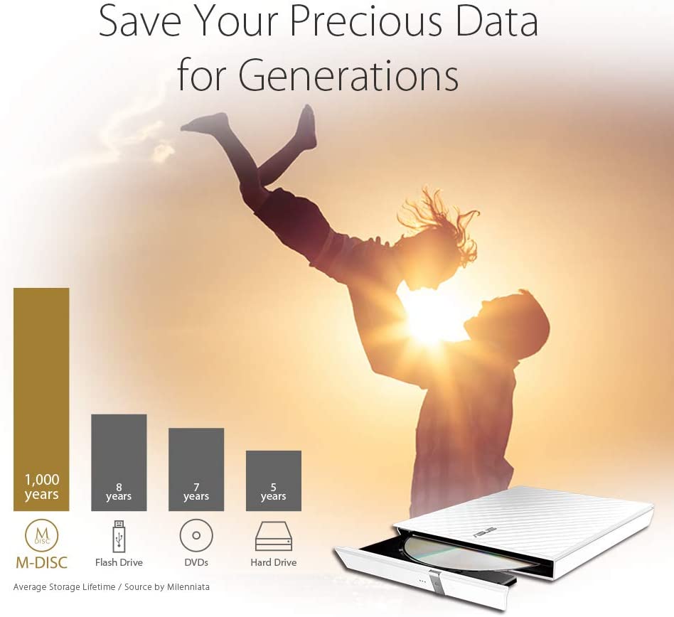 ASUS LITE Portable USB 2.0 Slim 8X DVD/ Burner +/- Rewriter External Drive, Compatible with both Mac & Windows, White (SDRW-08D2S-U/W/G/ACI/AS)