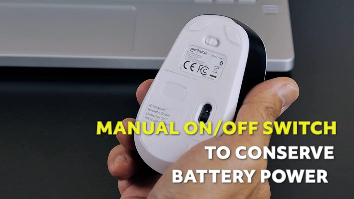 Manhattan Ergonomic Wireless & Bluetooth Mouse - with 800 / 1200 / 1600 dpi, 3 Buttons with Scroll Wheel, Auto Power Management - for Mac, Laptops, Computers – 3 Yr Mfg Warranty- Black & White, 179645