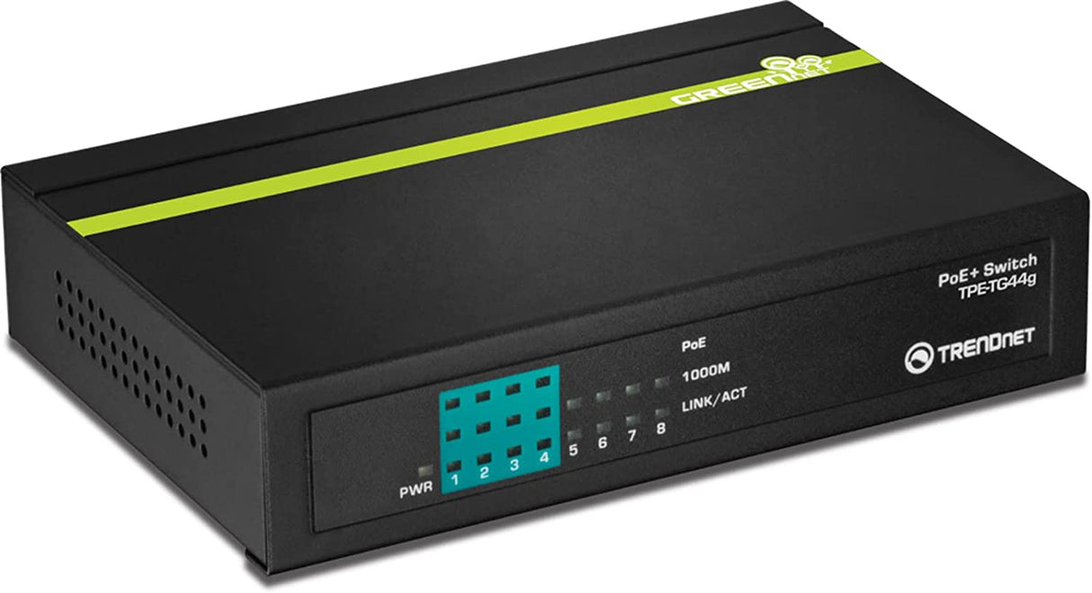 TRENDnet 8-Port Gigabit GREENnet PoE+ Switch,TPE-TG44G, 4 x Gigabit PoE/PoE+ Up to 30 Watts/Port, 4 x Gigabit, 61W Power Budget, 16 Gbps Switch Capacity, Ethernet Unmanaged Switch, Lifetime Protection